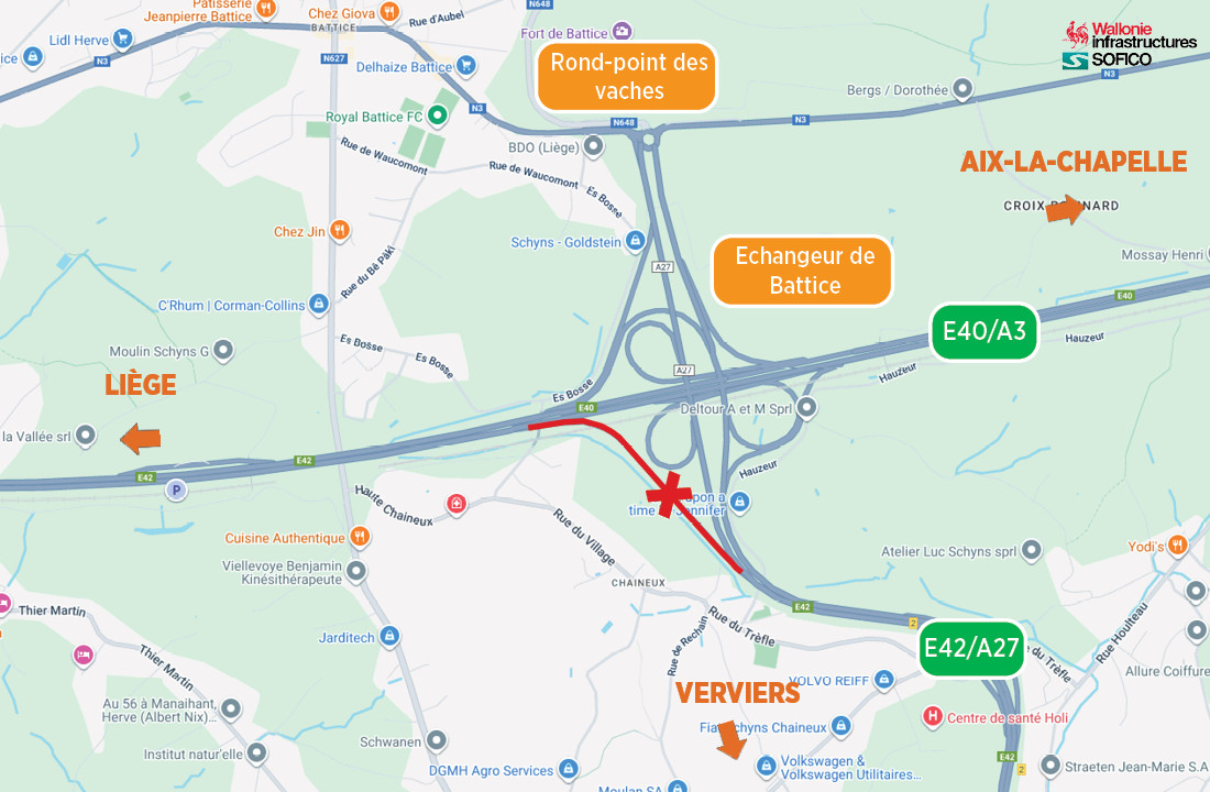 E40/E42 : une bretelle de l’échangeur de Battice fermée ce week-end pour travaux