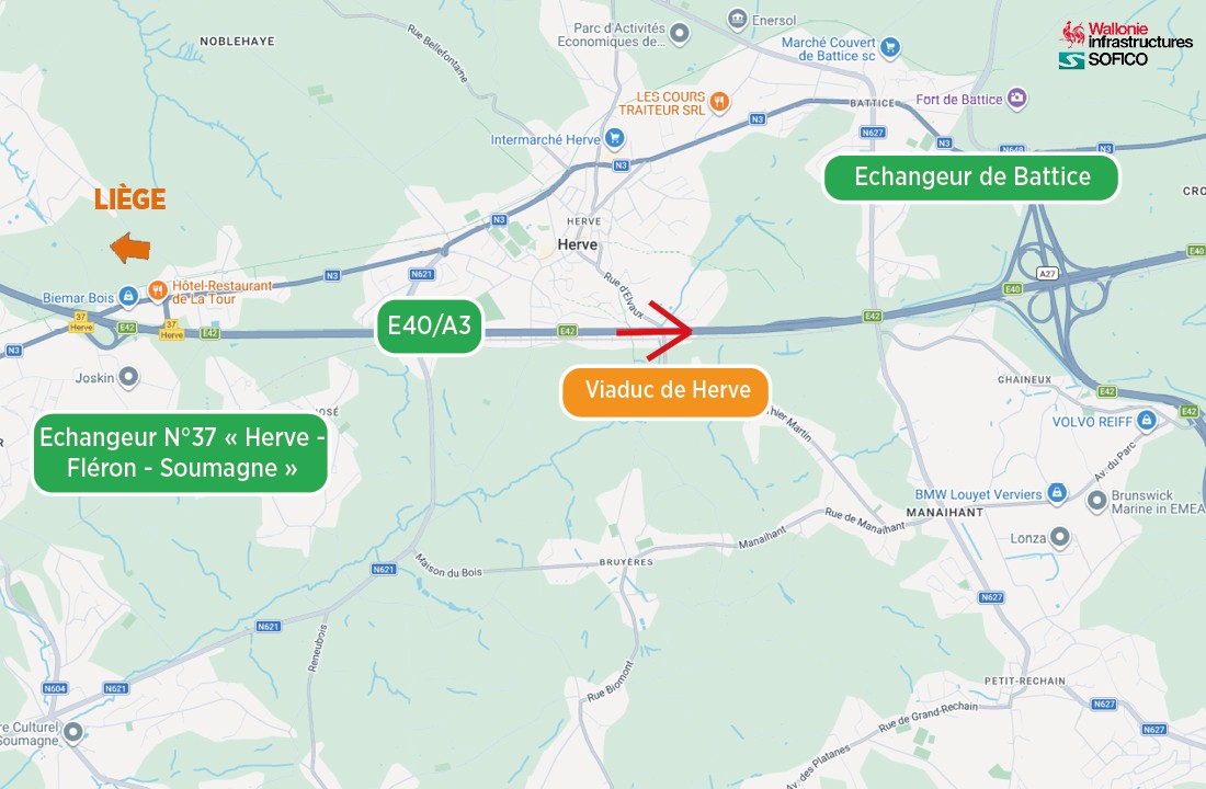 E40 : circulation réduite au viaduc de Herve après une dégradation